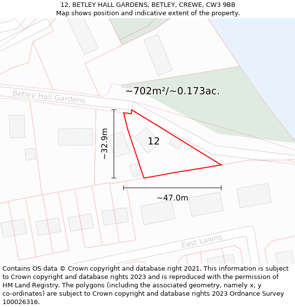 12, BETLEY HALL GARDENS, BETLEY, CREWE, CW3 9BB: Plot and title map