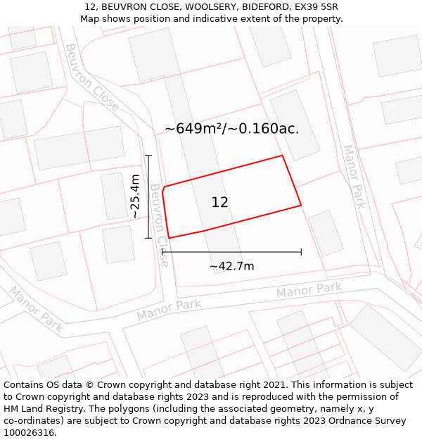 12, BEUVRON CLOSE, WOOLSERY, BIDEFORD, EX39 5SR: Plot and title map