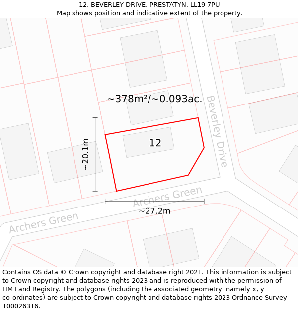 12, BEVERLEY DRIVE, PRESTATYN, LL19 7PU: Plot and title map