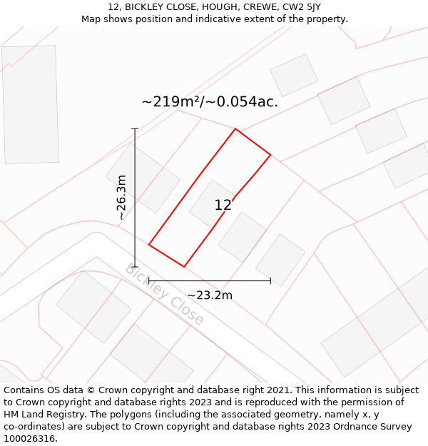 12, BICKLEY CLOSE, HOUGH, CREWE, CW2 5JY: Plot and title map