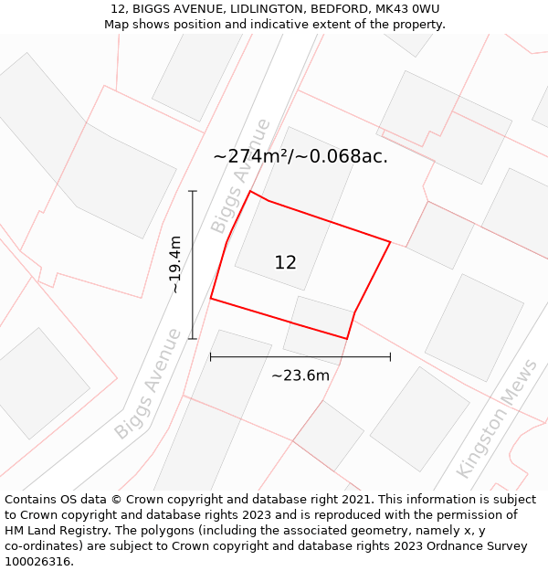 12, BIGGS AVENUE, LIDLINGTON, BEDFORD, MK43 0WU: Plot and title map