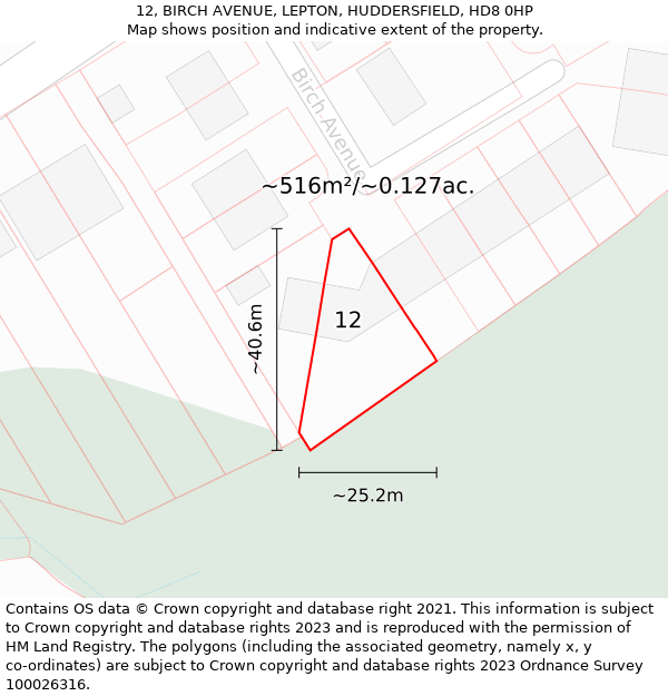 12, BIRCH AVENUE, LEPTON, HUDDERSFIELD, HD8 0HP: Plot and title map