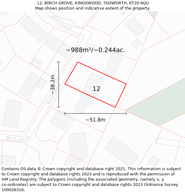 12, BIRCH GROVE, KINGSWOOD, TADWORTH, KT20 6QU: Plot and title map