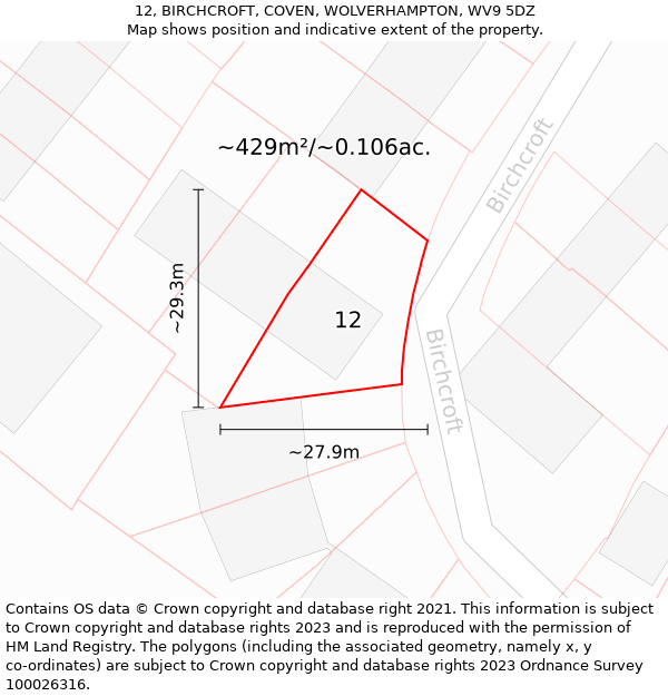 12, BIRCHCROFT, COVEN, WOLVERHAMPTON, WV9 5DZ: Plot and title map