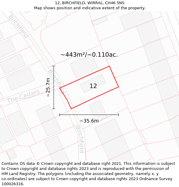 12, BIRCHFIELD, WIRRAL, CH46 5NS: Plot and title map