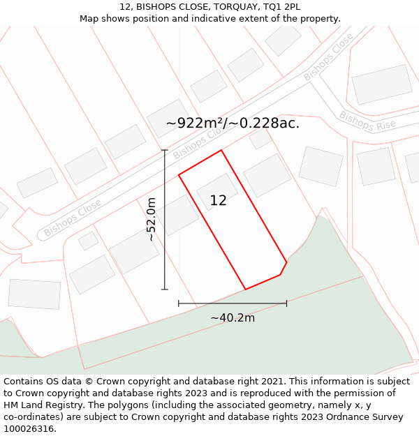 12, BISHOPS CLOSE, TORQUAY, TQ1 2PL: Plot and title map