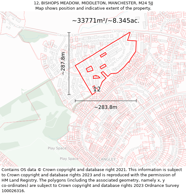 12, BISHOPS MEADOW, MIDDLETON, MANCHESTER, M24 5JJ: Plot and title map