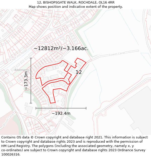 12, BISHOPSGATE WALK, ROCHDALE, OL16 4RR: Plot and title map