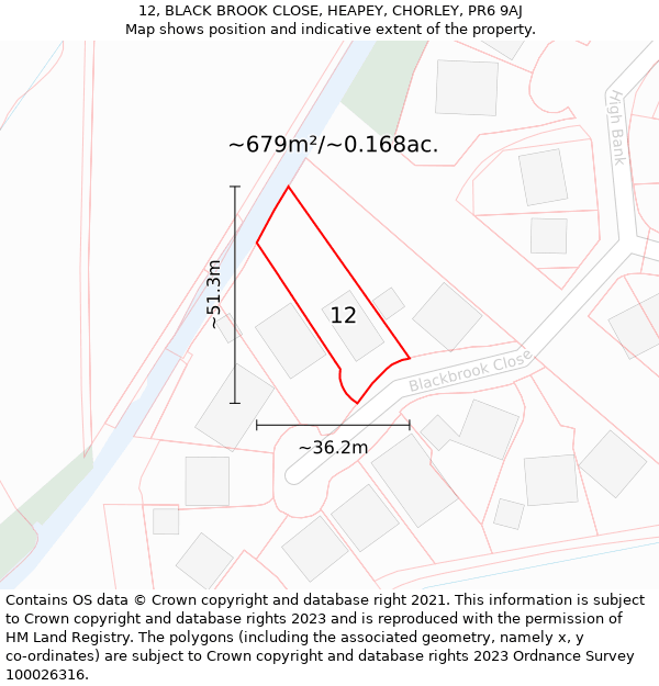 12, BLACK BROOK CLOSE, HEAPEY, CHORLEY, PR6 9AJ: Plot and title map