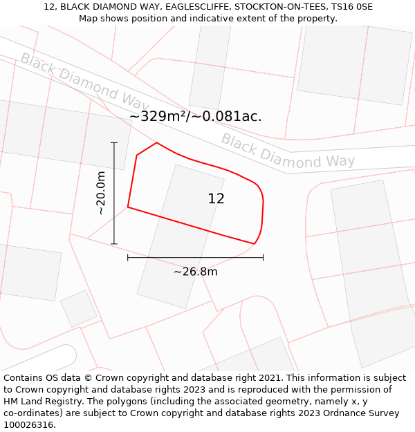 12, BLACK DIAMOND WAY, EAGLESCLIFFE, STOCKTON-ON-TEES, TS16 0SE: Plot and title map