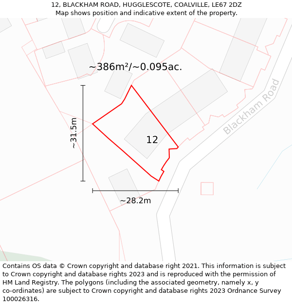 12, BLACKHAM ROAD, HUGGLESCOTE, COALVILLE, LE67 2DZ: Plot and title map