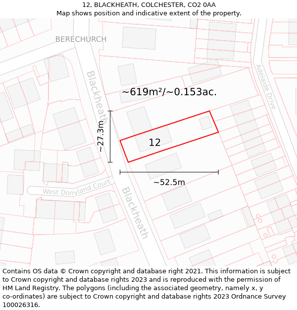 12, BLACKHEATH, COLCHESTER, CO2 0AA: Plot and title map