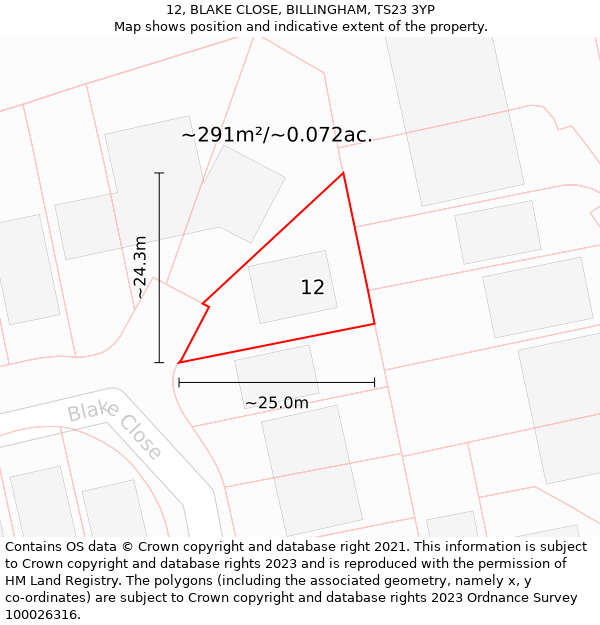 12, BLAKE CLOSE, BILLINGHAM, TS23 3YP: Plot and title map