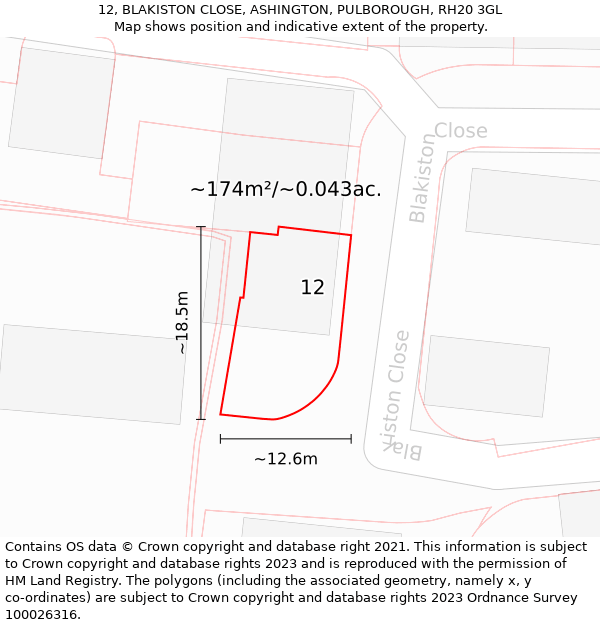 12, BLAKISTON CLOSE, ASHINGTON, PULBOROUGH, RH20 3GL: Plot and title map