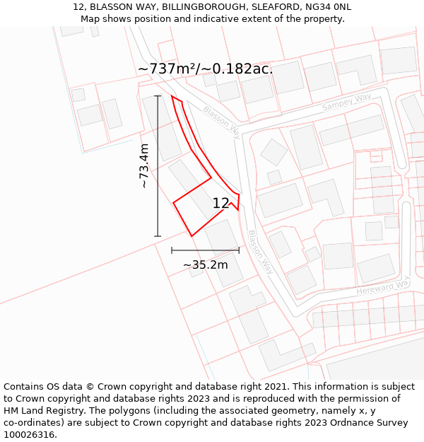 12, BLASSON WAY, BILLINGBOROUGH, SLEAFORD, NG34 0NL: Plot and title map