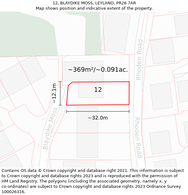 12, BLAYDIKE MOSS, LEYLAND, PR26 7AR: Plot and title map