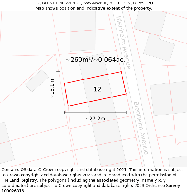 12, BLENHEIM AVENUE, SWANWICK, ALFRETON, DE55 1PQ: Plot and title map