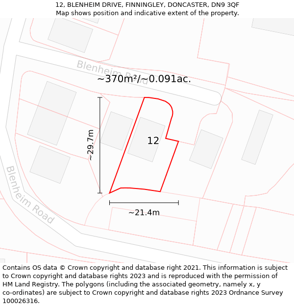 12, BLENHEIM DRIVE, FINNINGLEY, DONCASTER, DN9 3QF: Plot and title map