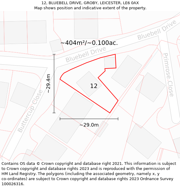 12, BLUEBELL DRIVE, GROBY, LEICESTER, LE6 0AX: Plot and title map