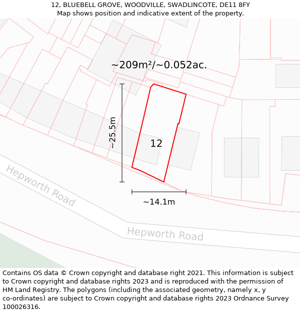 12, BLUEBELL GROVE, WOODVILLE, SWADLINCOTE, DE11 8FY: Plot and title map