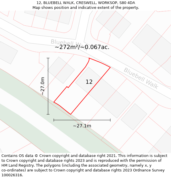 12, BLUEBELL WALK, CRESWELL, WORKSOP, S80 4DA: Plot and title map