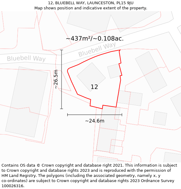 12, BLUEBELL WAY, LAUNCESTON, PL15 9JU: Plot and title map