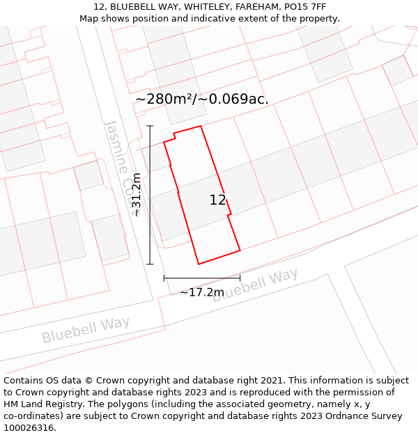 12, BLUEBELL WAY, WHITELEY, FAREHAM, PO15 7FF: Plot and title map