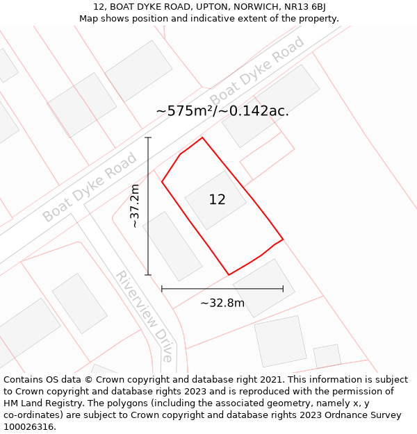 12, BOAT DYKE ROAD, UPTON, NORWICH, NR13 6BJ: Plot and title map