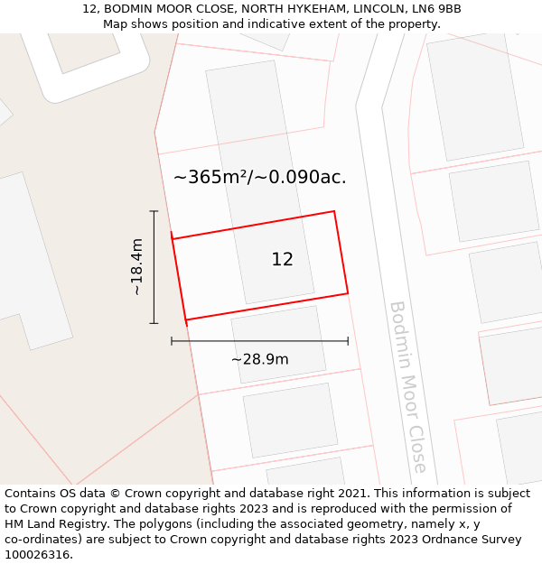 12, BODMIN MOOR CLOSE, NORTH HYKEHAM, LINCOLN, LN6 9BB: Plot and title map