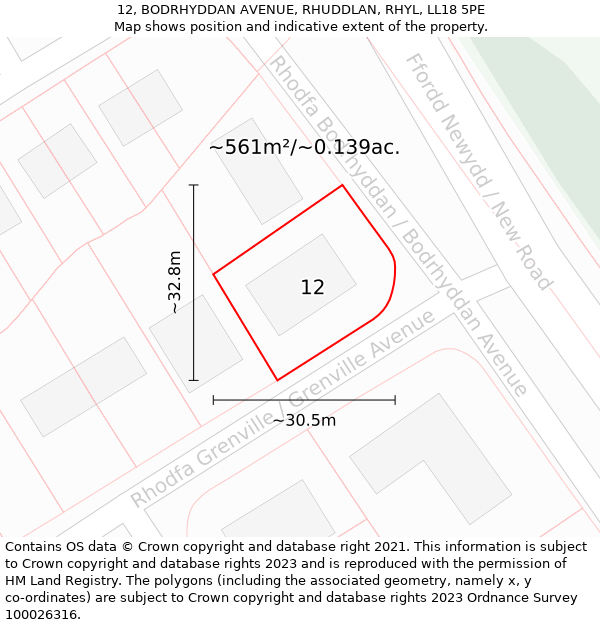 12, BODRHYDDAN AVENUE, RHUDDLAN, RHYL, LL18 5PE: Plot and title map