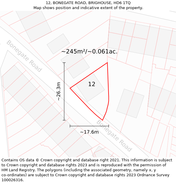 12, BONEGATE ROAD, BRIGHOUSE, HD6 1TQ: Plot and title map