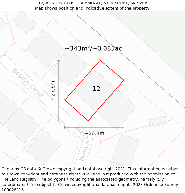 12, BOSTON CLOSE, BRAMHALL, STOCKPORT, SK7 2BP: Plot and title map