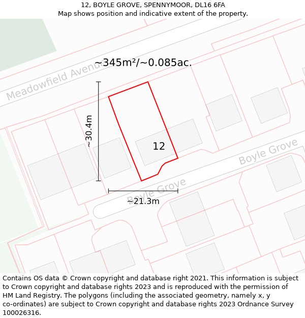 12, BOYLE GROVE, SPENNYMOOR, DL16 6FA: Plot and title map