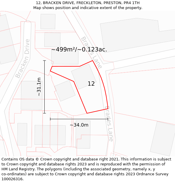 12, BRACKEN DRIVE, FRECKLETON, PRESTON, PR4 1TH: Plot and title map