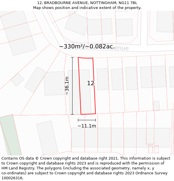 12, BRADBOURNE AVENUE, NOTTINGHAM, NG11 7BL: Plot and title map