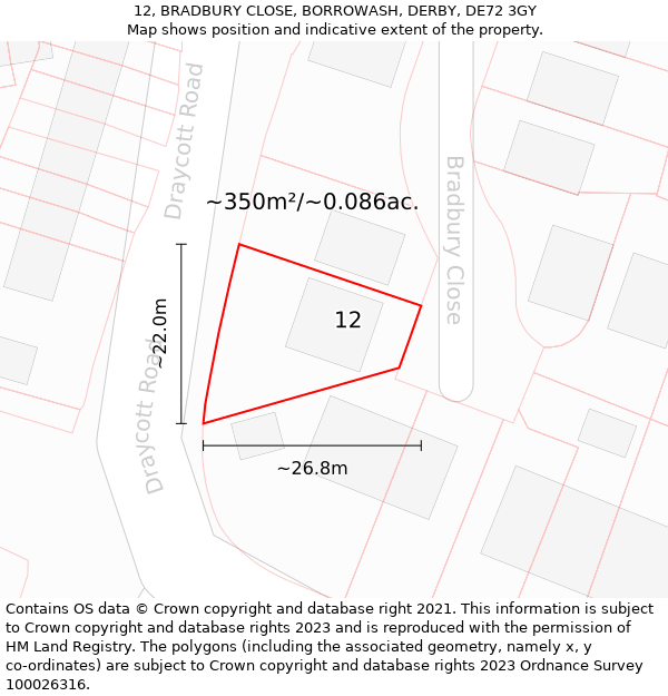 12, BRADBURY CLOSE, BORROWASH, DERBY, DE72 3GY: Plot and title map