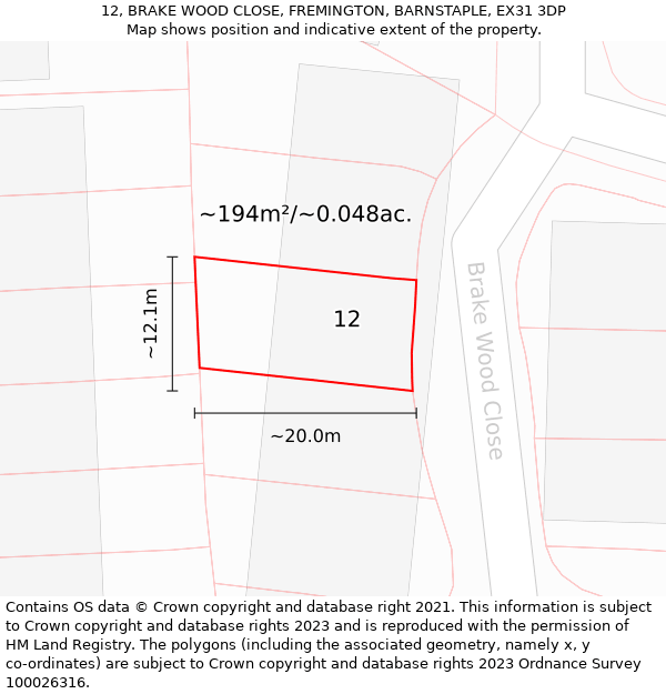 12, BRAKE WOOD CLOSE, FREMINGTON, BARNSTAPLE, EX31 3DP: Plot and title map