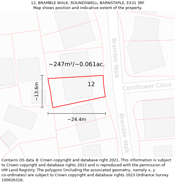 12, BRAMBLE WALK, ROUNDSWELL, BARNSTAPLE, EX31 3RF: Plot and title map