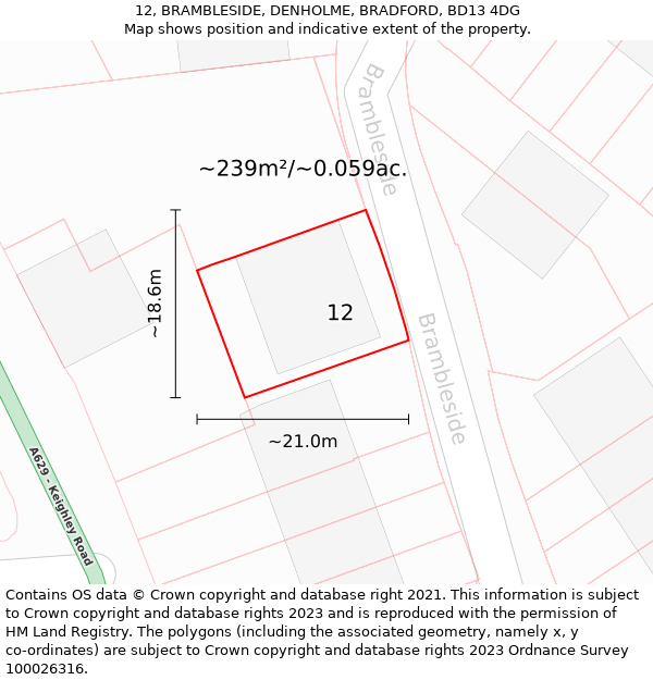 12, BRAMBLESIDE, DENHOLME, BRADFORD, BD13 4DG: Plot and title map