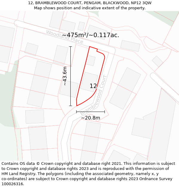 12, BRAMBLEWOOD COURT, PENGAM, BLACKWOOD, NP12 3QW: Plot and title map