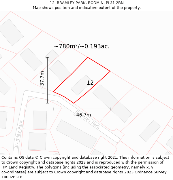 12, BRAMLEY PARK, BODMIN, PL31 2BN: Plot and title map