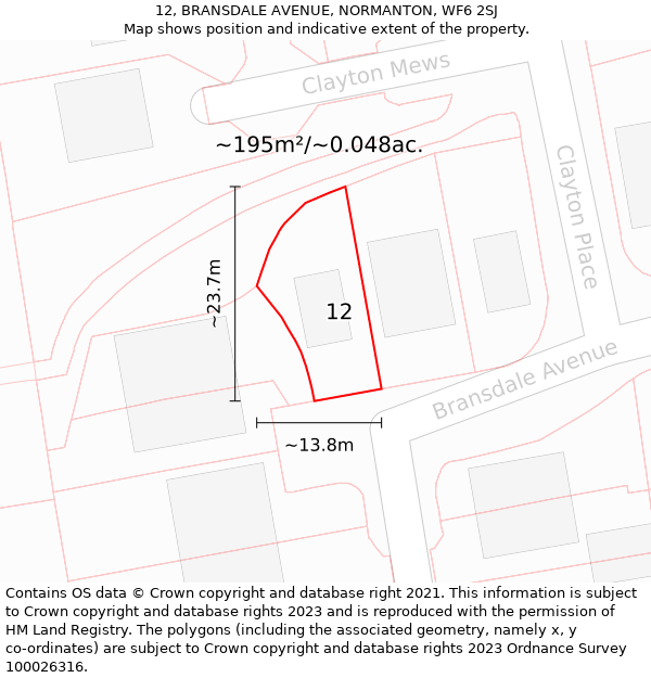 12, BRANSDALE AVENUE, NORMANTON, WF6 2SJ: Plot and title map