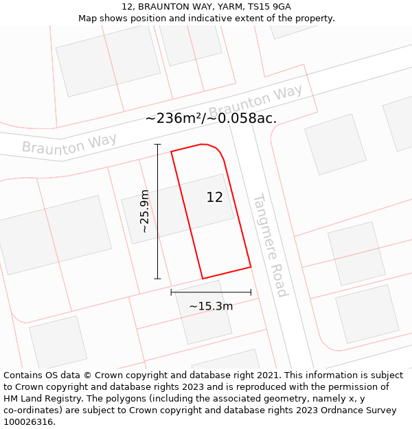 12, BRAUNTON WAY, YARM, TS15 9GA: Plot and title map