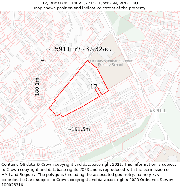 12, BRAYFORD DRIVE, ASPULL, WIGAN, WN2 1RQ: Plot and title map