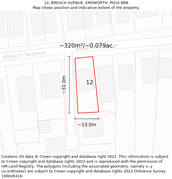 12, BREACH AVENUE, EMSWORTH, PO10 8NB: Plot and title map