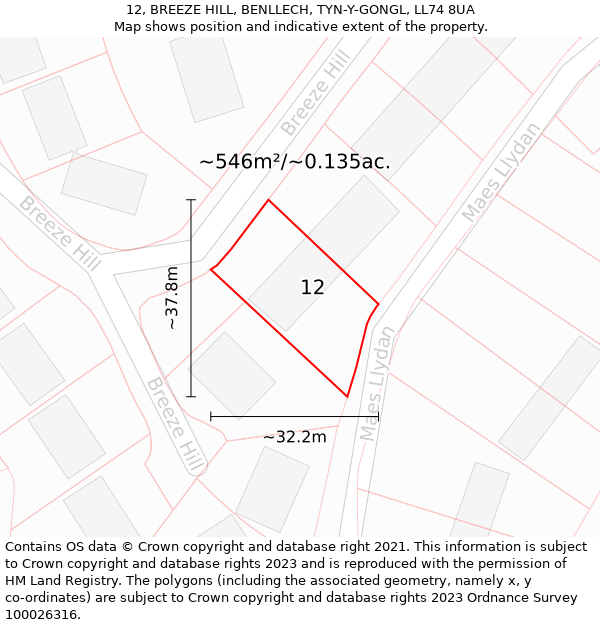12, BREEZE HILL, BENLLECH, TYN-Y-GONGL, LL74 8UA: Plot and title map