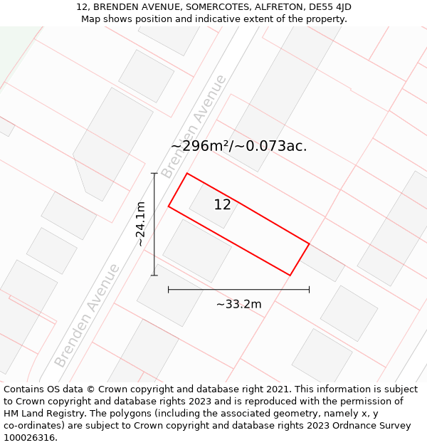 12, BRENDEN AVENUE, SOMERCOTES, ALFRETON, DE55 4JD: Plot and title map