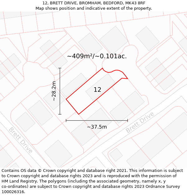 12, BRETT DRIVE, BROMHAM, BEDFORD, MK43 8RF: Plot and title map