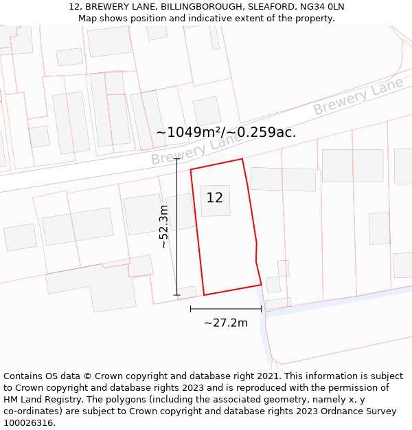 12, BREWERY LANE, BILLINGBOROUGH, SLEAFORD, NG34 0LN: Plot and title map