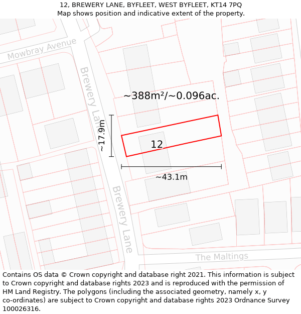 12, BREWERY LANE, BYFLEET, WEST BYFLEET, KT14 7PQ: Plot and title map